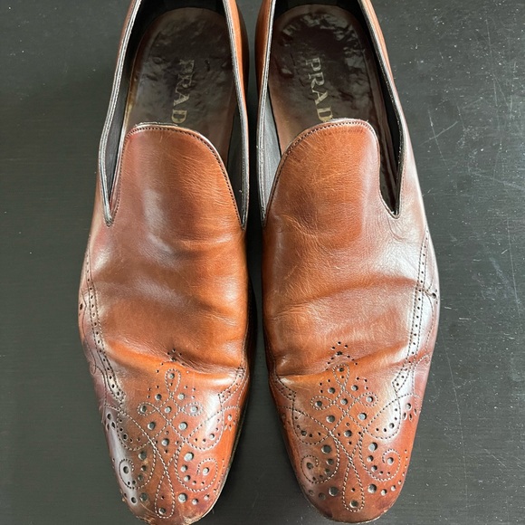 Prada Brown Leather Loafers with Broguing - Picture 1 of 5